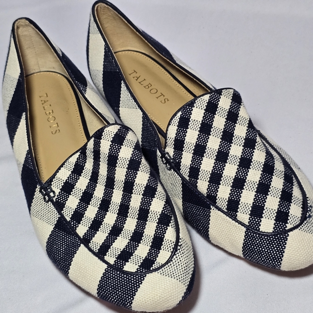Talbots Gingham Navy Plaid Nautical Genuine Leather Lining Flats Summer, Sz 8
